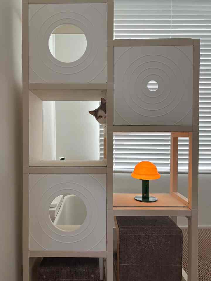 白と木目調が調和する寝室、モジュラーキャットタワー家具に顔を出す猫がいる雰囲気のあるインテリア