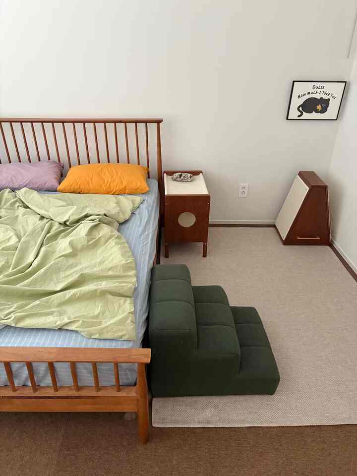 ベージュのラグと木製ベッドフレームがあるナチュラルな色調の猫と暮らす寝室、ペットステップと猫用トイレが配置された雰囲気のあるインテリア