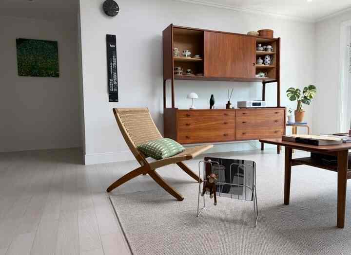 Natural wood tone living room featuring vintage furniture, beige rug, and plants creating a cozy atmosphere
