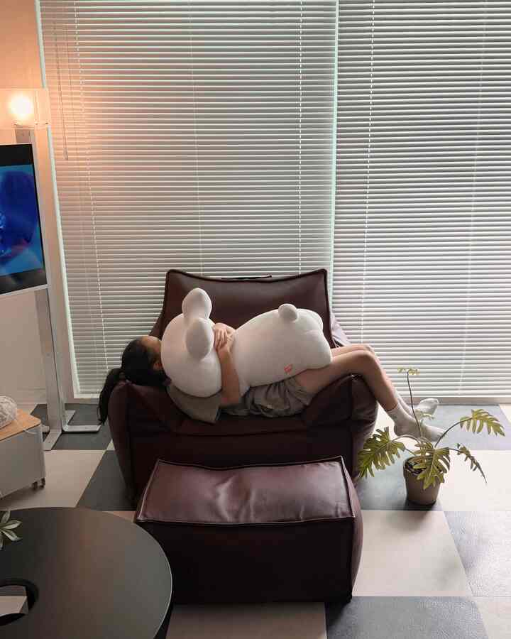 Brown-toned living room featuring a large bean bag chair and white blinds creating a cozy atmosphere