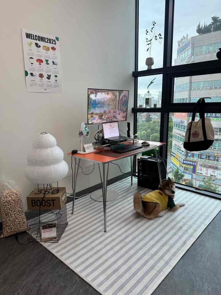 白とオレンジの色調のホームオフィス、大きな窓とくつろぐ犬がいる雰囲気のあるインテリア