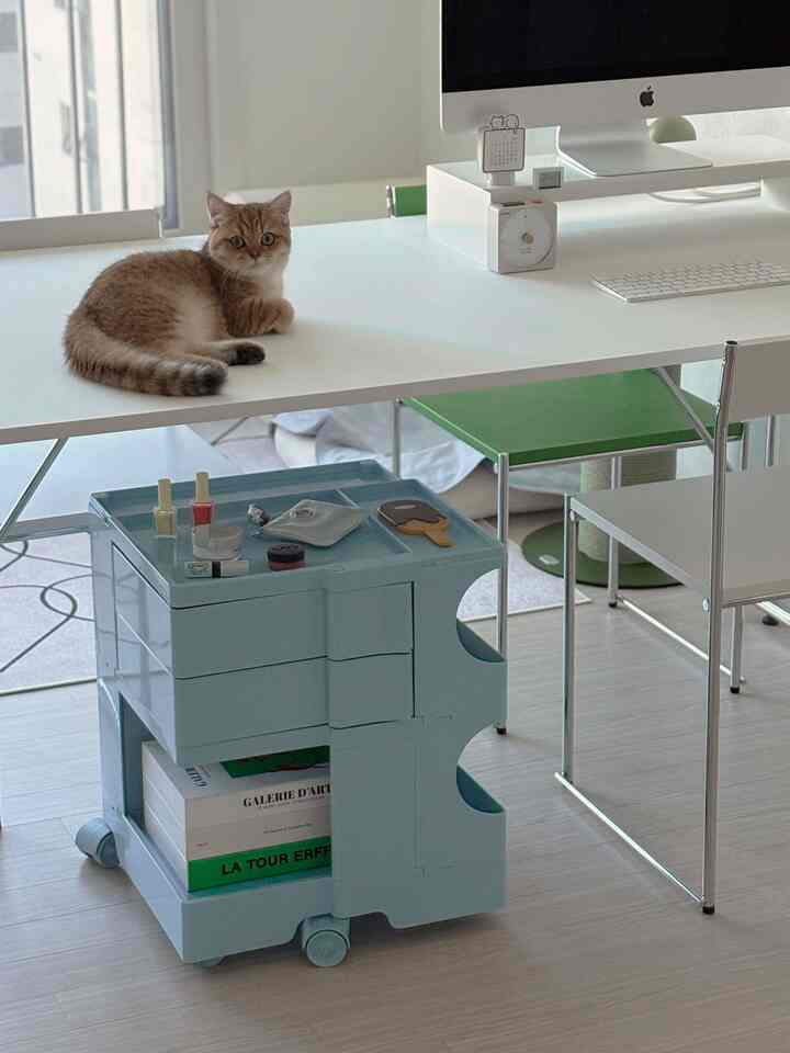 White-toned compact home office featuring a cat sitting on the desk and a teal mobile trolley providing organized storage in a clean workspace