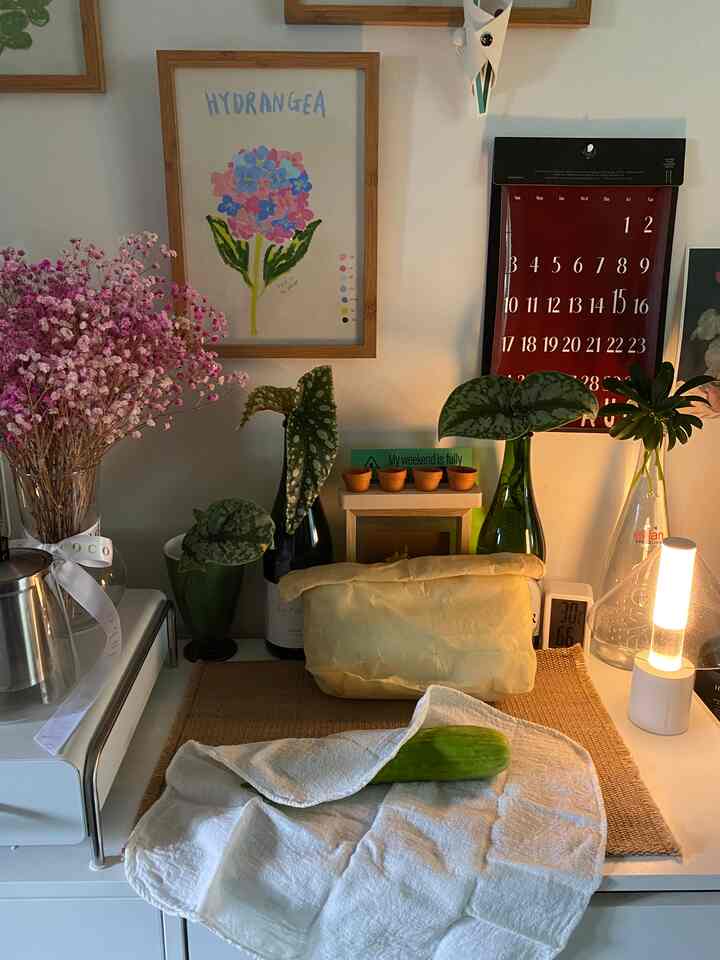 Natural toned kitchen space featuring plants and lighting on a table, creating a minimal and cozy atmosphere