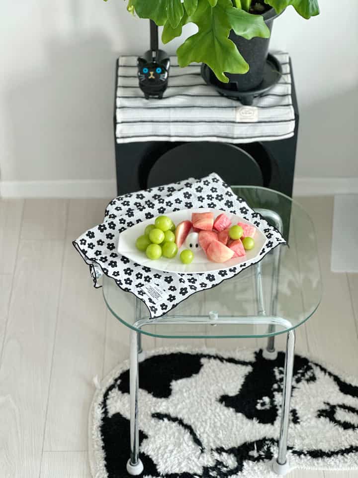 Minimal living room with white floor, black plant stand, cat-shaped cleaner, and glass coffee table on black-and-white rug