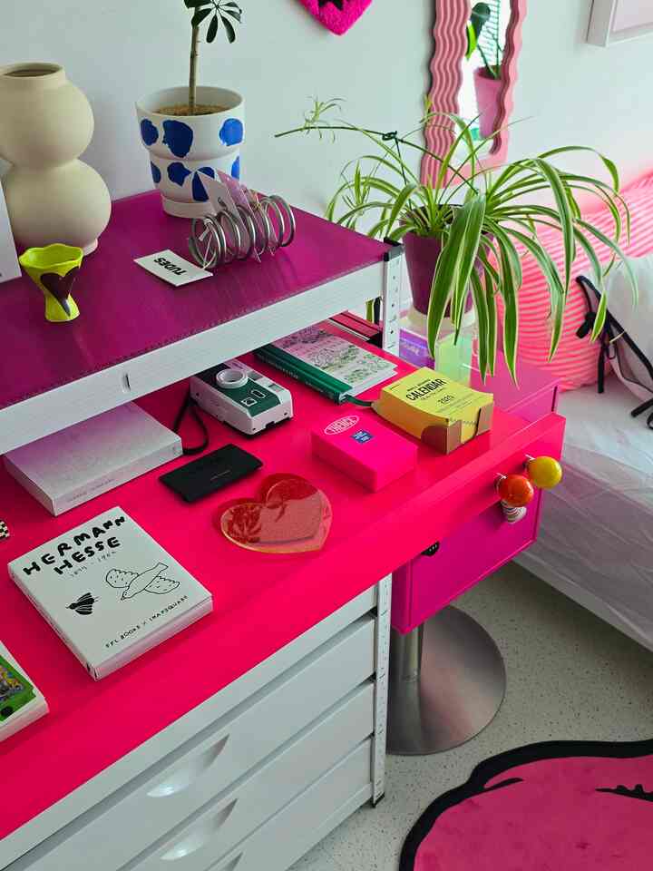 ピンクの棚と引き出し、植物や小物が配置された雰囲気のあるウォークインクローゼット