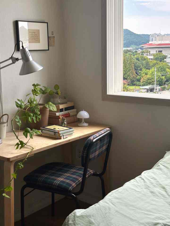 ナチュラルな色調のコンパクトなワンルーム、木製のデスクとチェック柄の椅子、モンステラの植物と照明が配置された心地よい空間