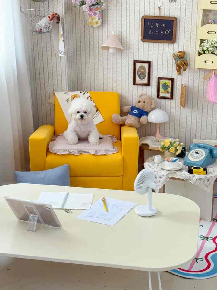 明るい黄色の一人掛けソファと白い机が配置された、赤ちゃんとペットが共存する居心地の良い韓国インテリアのリビング