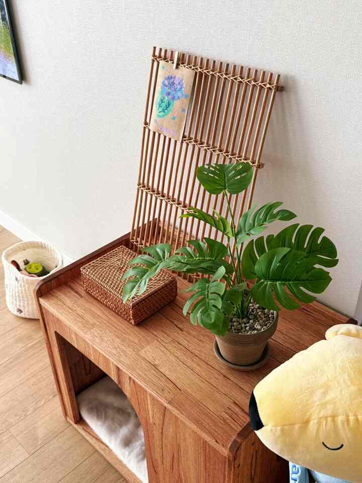 Natural wood tone space featuring a wooden dog house with green leafy plant on top against neutral wall, cozy pet area