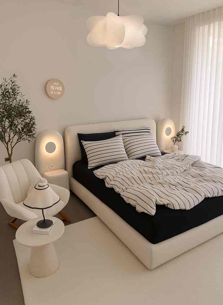 Natural tone bedroom in white and black featuring king-size bed, olive tree, and soft chiffon curtains with a cozy atmosphere