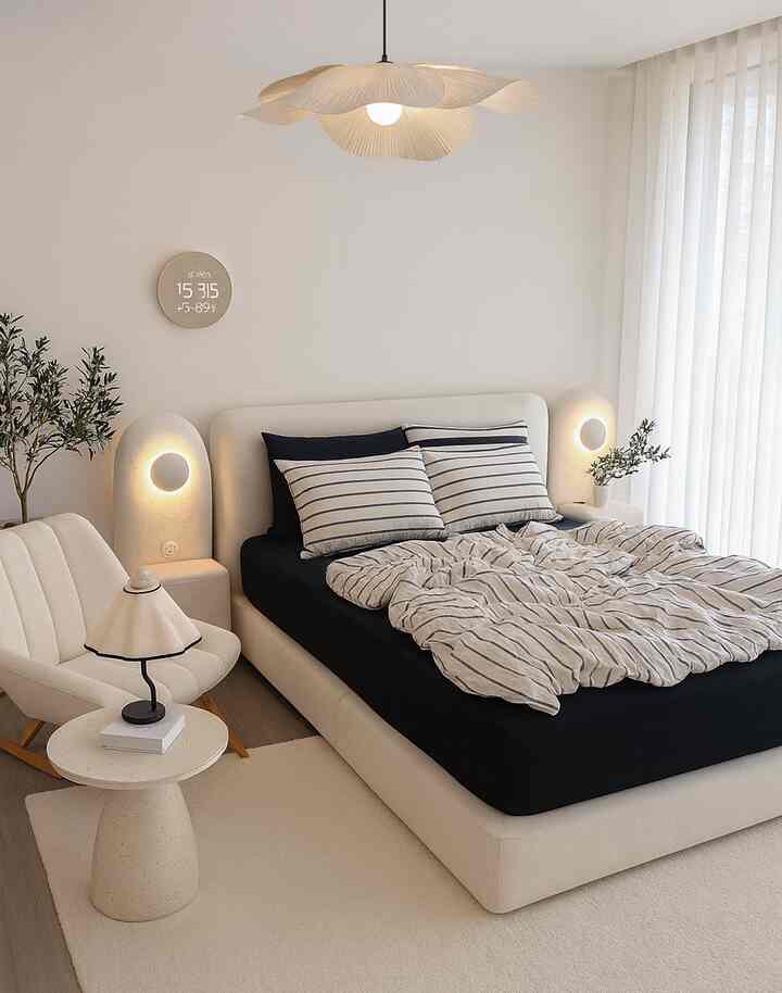 Beige-toned bedroom featuring a king-size fabric bed with striped bedding, soft lighting fixtures, and sheer curtains, creating a modern and natural atmosphere