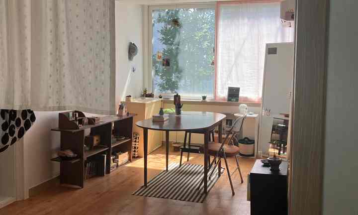 木目調と白を基調とした小さなダイニングルーム、大きな窓とカーテン、シンプルな家具が配置された自然な空間