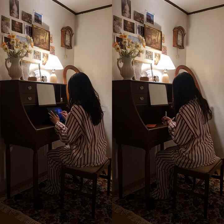 ブラウンの木目調家具が配置されたクラシックな寝室、中央の化粧台とテーブルランプが温かい雰囲気を醸し出すインテリア