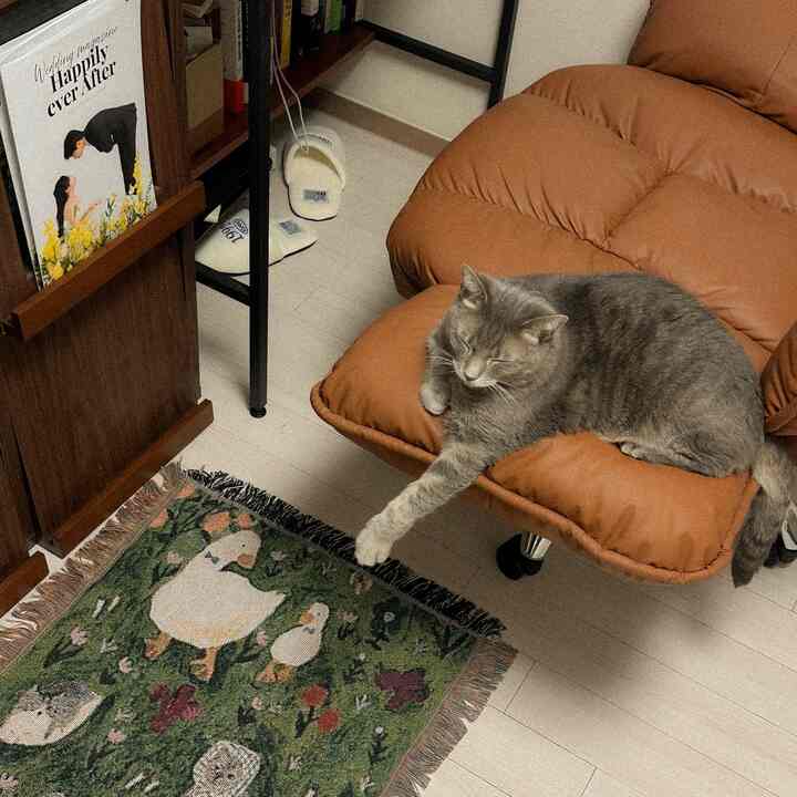 ナチュラルな色調のリビングルーム、茶色のリクライニングチェアにグレーの猫がくつろぐ雰囲気のあるインテリア