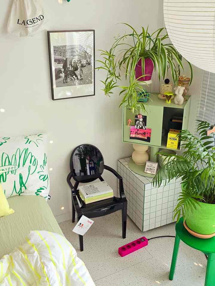 Modern single household space featuring white walls and green plants, with a black ghost chair and cozy decorative elements