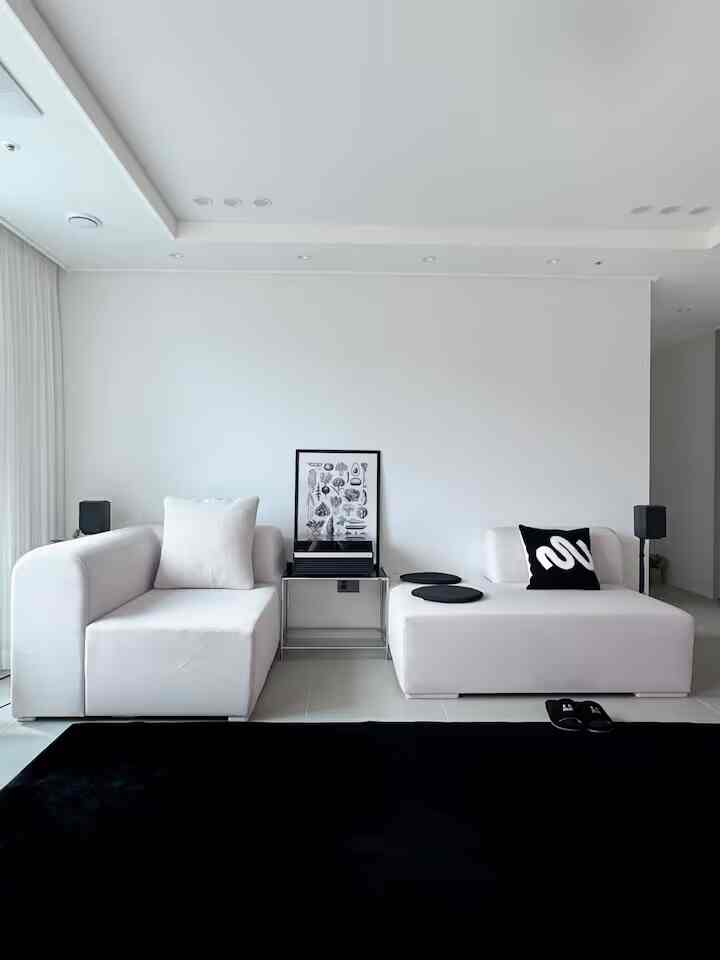 白と黒のモノトーンのリビング、中央に配置されたコーナーソファとブラックラグが印象的なモダンでシンプルな空間