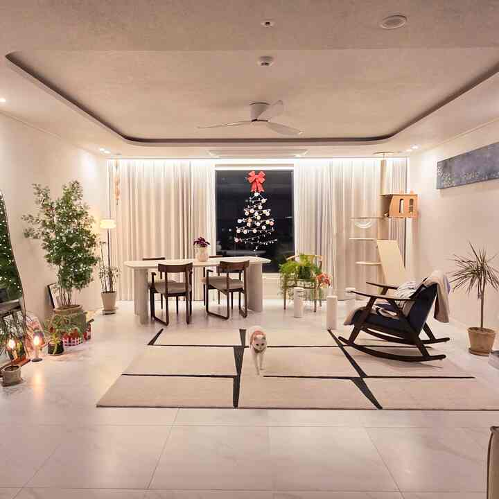 白とブラウンのナチュラルなリビングルーム、猫と植物が配置された居心地の良い空間