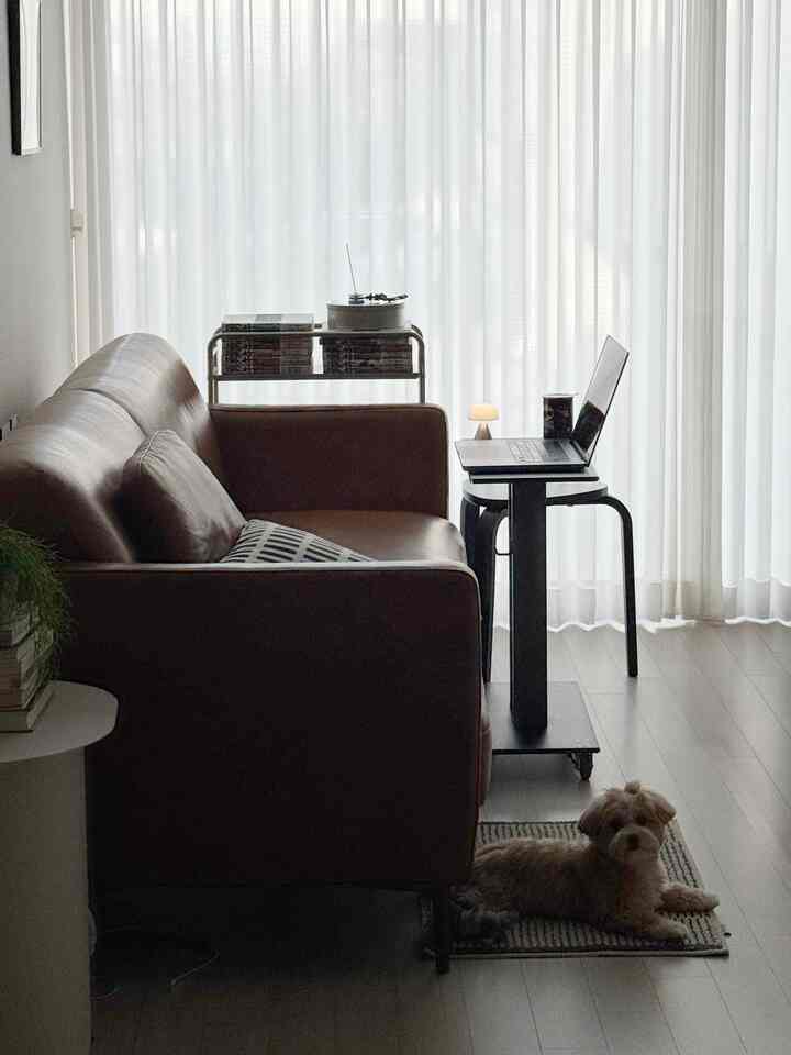 Natural-colored Mid-Century Modern living room featuring a brown sofa, mobile side trolley, stool with laptop, and a dog resting on the floor