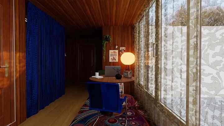 ウッドトーンの壁とブルーのカーテンが配置された、レトロな雰囲気のホームオフィス空間、アームチェアと暖かな照明のデスクワークスペースが特徴的な室内