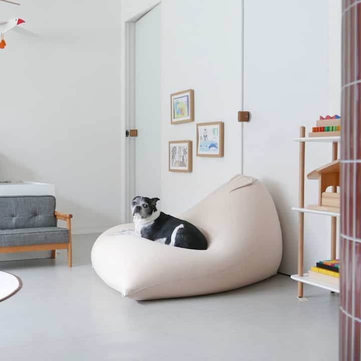 明るいホワイトとベージュの色調のリビングルーム、ベージュのビーズクッションに犬が座り、子供の絵とおもちゃの棚が配置された雰囲気のあるインテリア