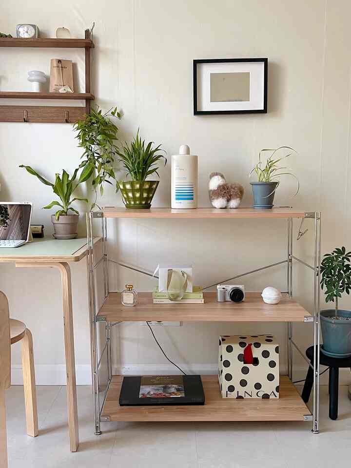 ナチュラルな木製棚と白い壁が調和するコンパクトな部屋、多数の植物と整った小物が配置された空間