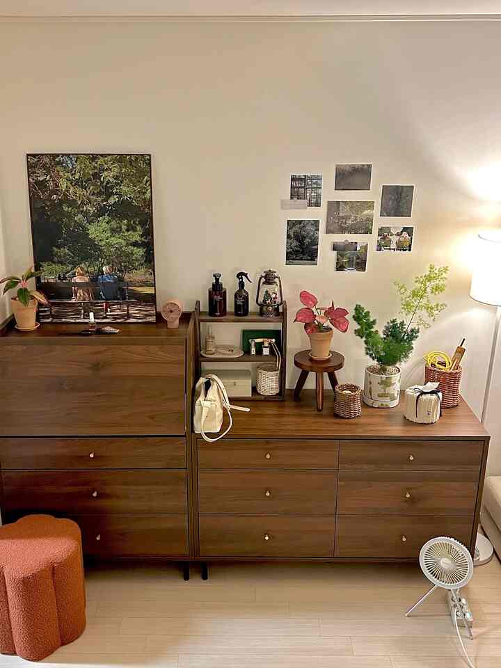 ナチュラルブラウン調の寝室対面のドレッサーと化粧台、植物と小物が配置された雰囲気のある空間