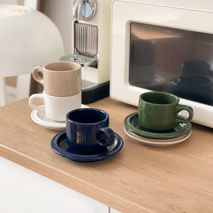 陶器のカフェコーヒーカップ＆ソーサーセット［4色］