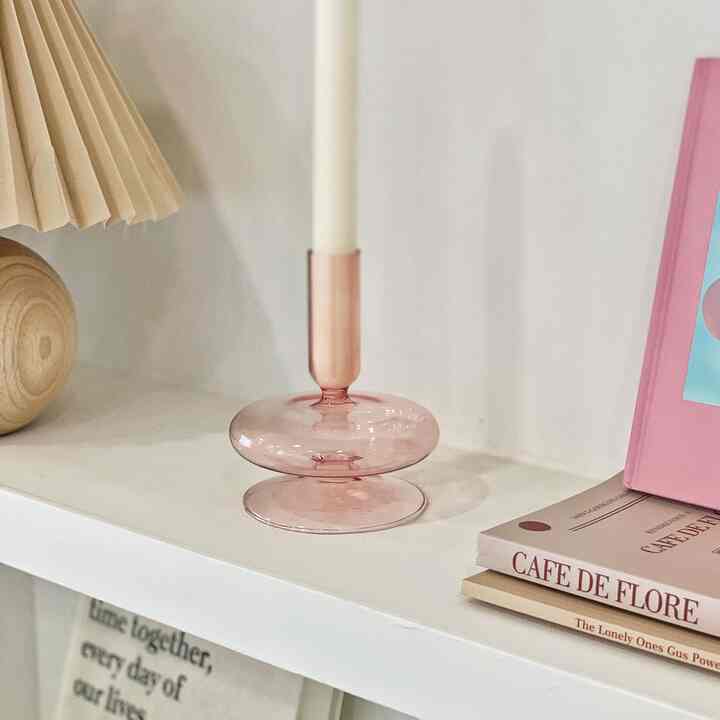 ヴィンテージ ガラス オブジェ キャンドルスタンド ピンク ショートタイプ