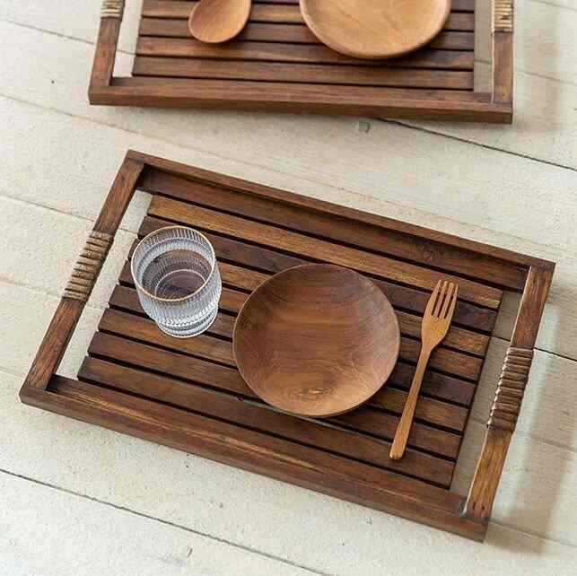 チークウッド ラタンハンドル ロートレイ