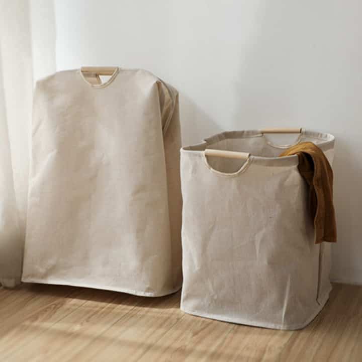 防水 ランドリーバスケット ウッド持ち手付き［2サイズ］