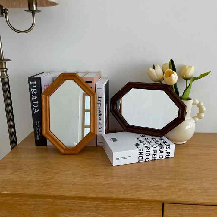 ウッド 八角 ミラー［2色］