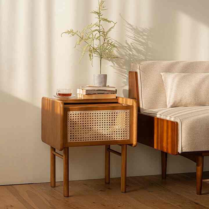 Hesse ウッド ラタン サイドテーブル 収納付き