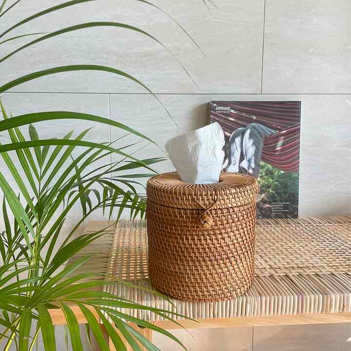 円形 ラタン ティッシュケース