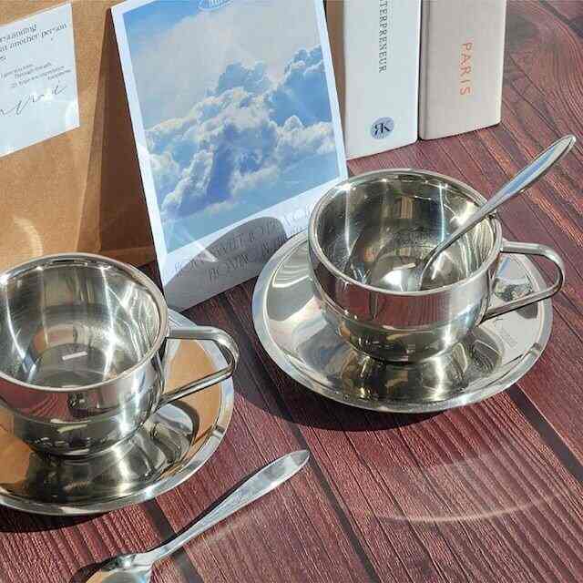 ステンレス コーヒーカップソーサー＆ティースプーン 2人セット