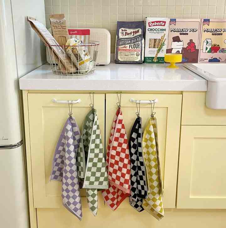 MERCI チェック ハンドタオル 4枚＆ホルダーセット［5色］