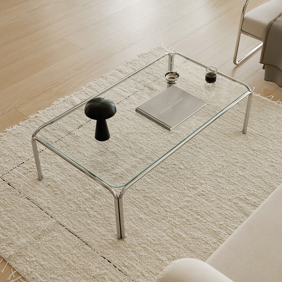 O'gre 2段 モジュール ガラス ローテーブル S 透明 シルバー ガラス 幅