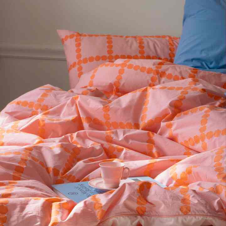 ブロッサムチェック コーラル カバーのいらない布団/布団カバーセット［2種・3サイズ］