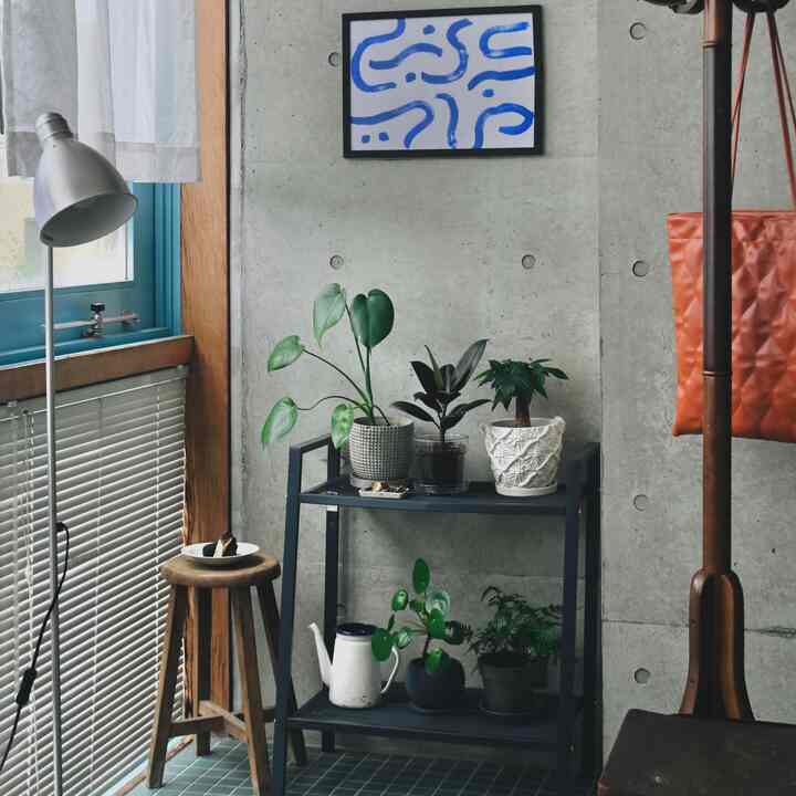 グレーと黒のトーンのナチュラルなリビングコーナー、棚に植物とフロアランプが配置されたシンプルな空間