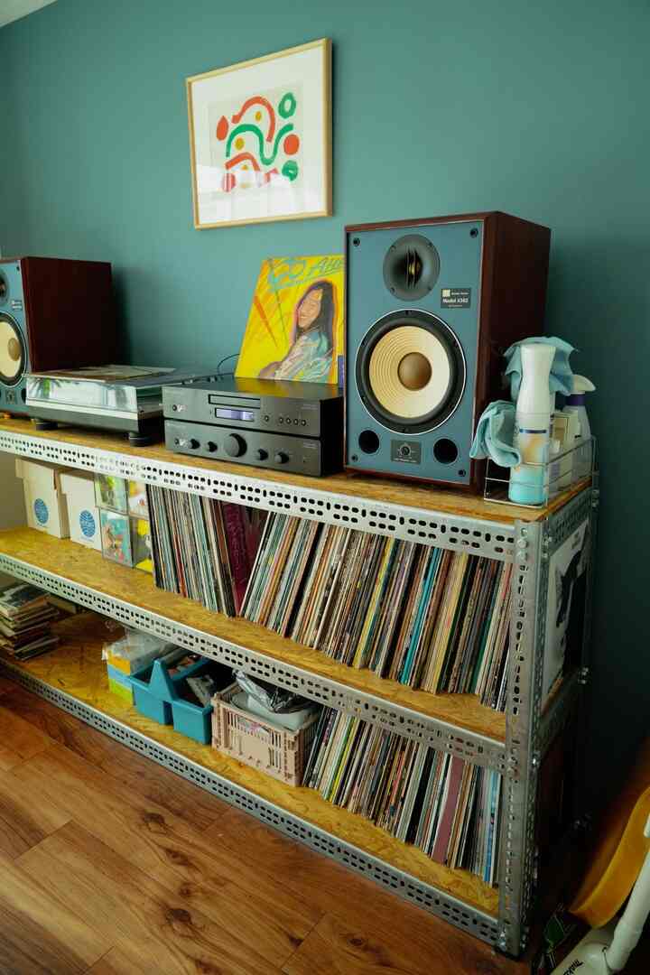 緑色の壁と木目調の棚が配置されたリビング、レコードとインダストリアルなオーディオ機器がある雰囲気のあるインテリア