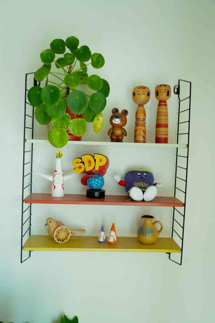 ナチュラルカラーと緑の植物が映える壁棚、ヴィンテージオブジェが配された雰囲気のあるインテリア