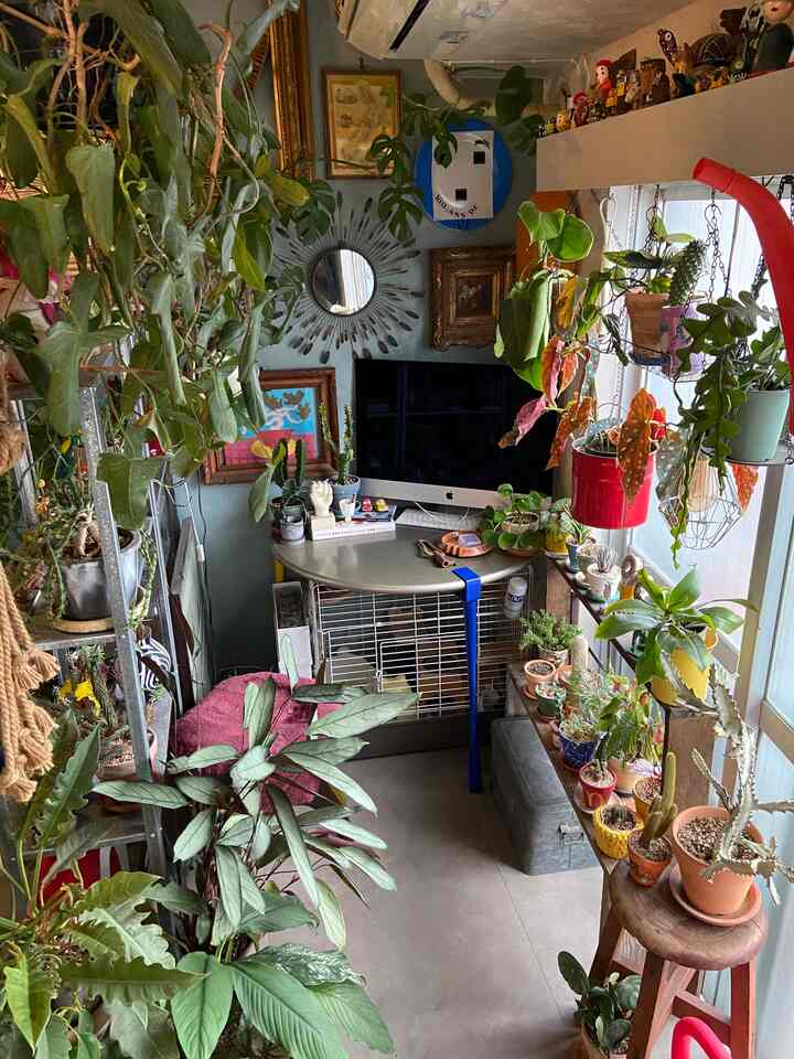 緑の植物が溢れる狭いホームオフィス空間、デスクの下にペットのケージが置かれた雰囲気ある書斎