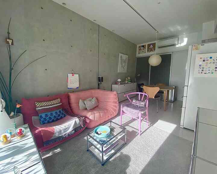 ピンクのソファとナチュラルな木製チェアが配された、明るい日差しのあるモダンでコンパクトなリビング・キッチンスペース