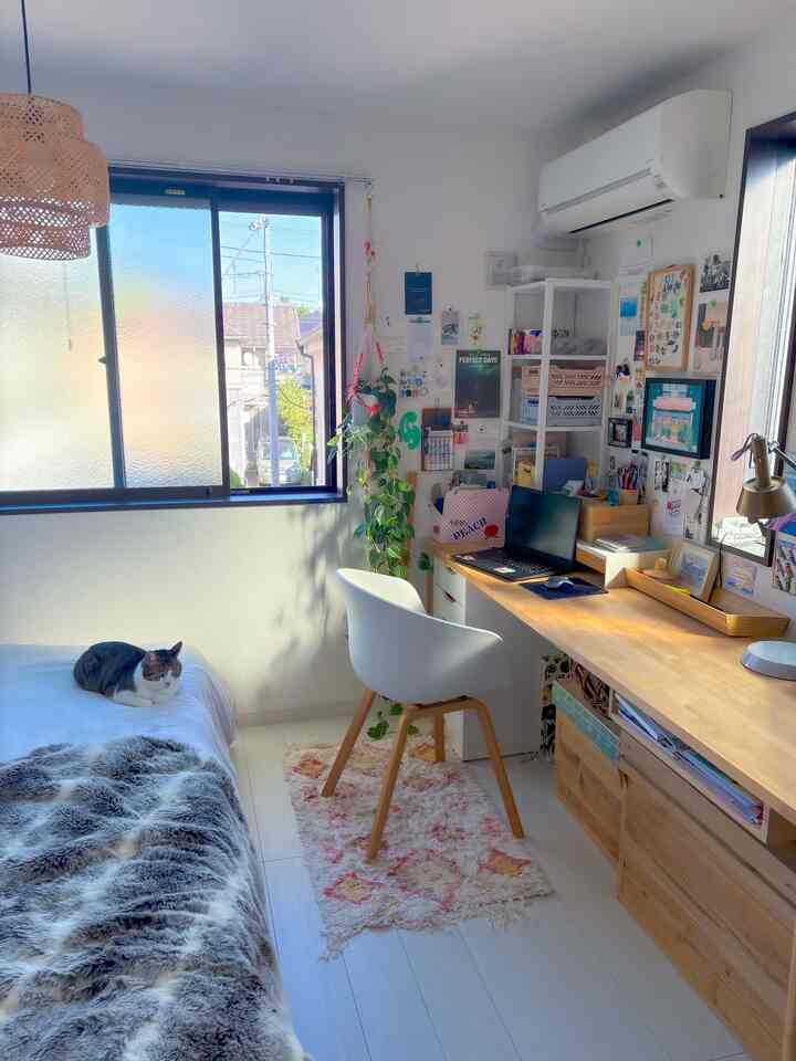 白い壁と床の縦長の部屋で、ナチュラルな木製DIYデスク、オフィスチェアと猫が配置された雰囲気のあるホームオフィス空間