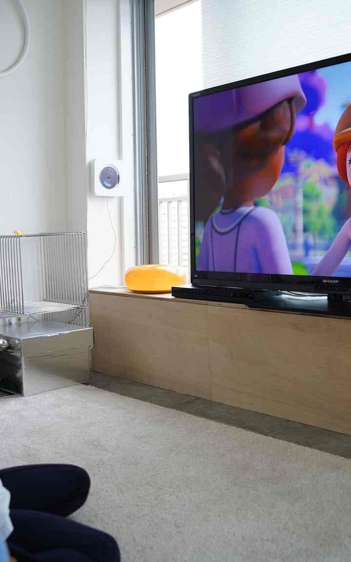 明るい白と木目調のリビング、シルバー収納とテレビ台が配置された落ち着いた空間