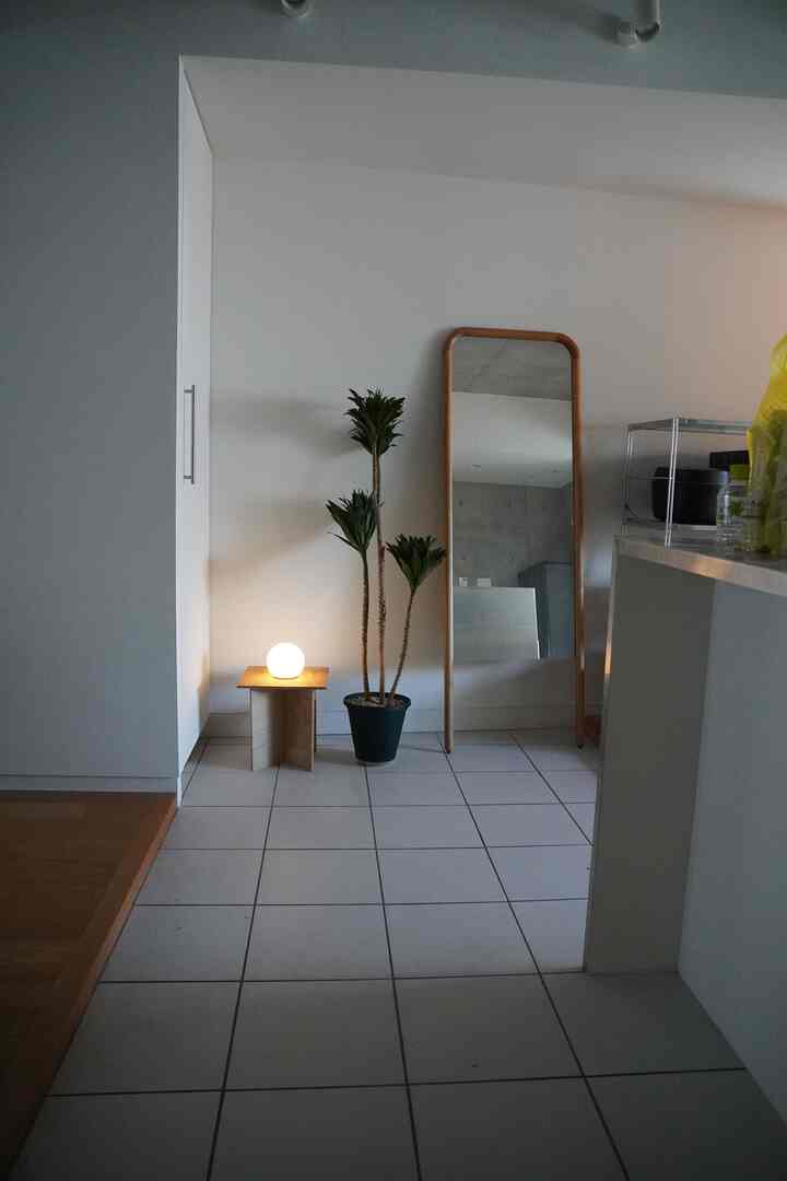 白とナチュラルカラーの玄関、大きな鏡と観葉植物が配置された清潔感のある明るいインテリア