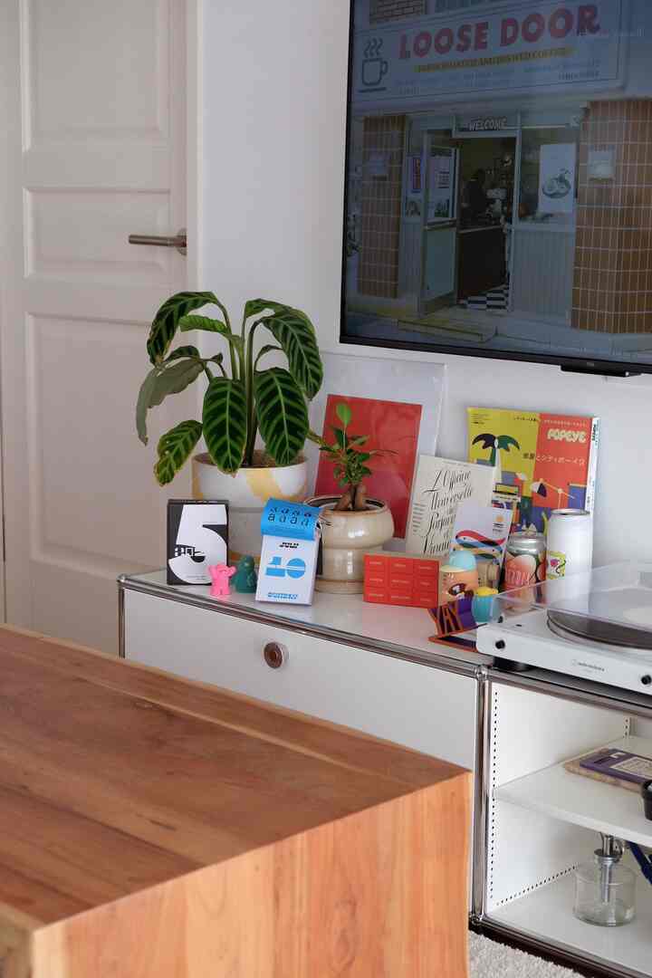 白とシルバーのトーンのリビング、テレビ台の上に観葉植物やポスター、コレクティブルのフィギュアが配置された雰囲気のあるインテリア