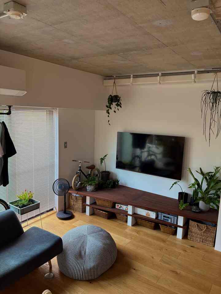ベージュ色の壁と天井、ブラウンの木製テレビ台、グレーのソファが配置され、植物と子供用自転車があるリビングの雰囲気のあるインテリア