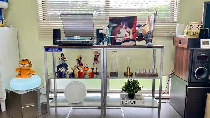 ライトグリーンの壁とメタル棚にアニメフィギュアとレコードプレーヤーが配置された、インダストリアルな雰囲気のリビング