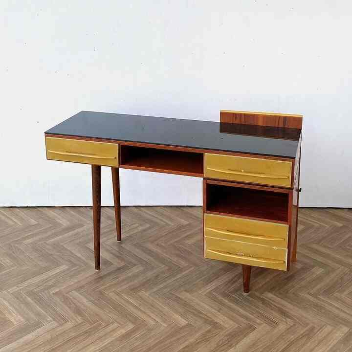 1960's ガラストップ ウッドデスク