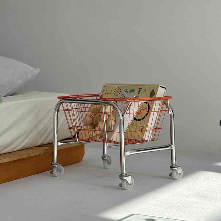 シルバー キャスターワゴン ハンドル付きカラーバスケット［3色］