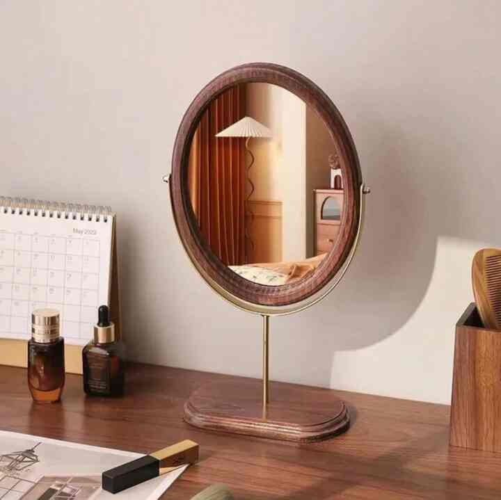 化粧鏡、新中国風シンプルエレガントなデスクトップスイベルヴィンテージ中国製木製ドレッシングミラー